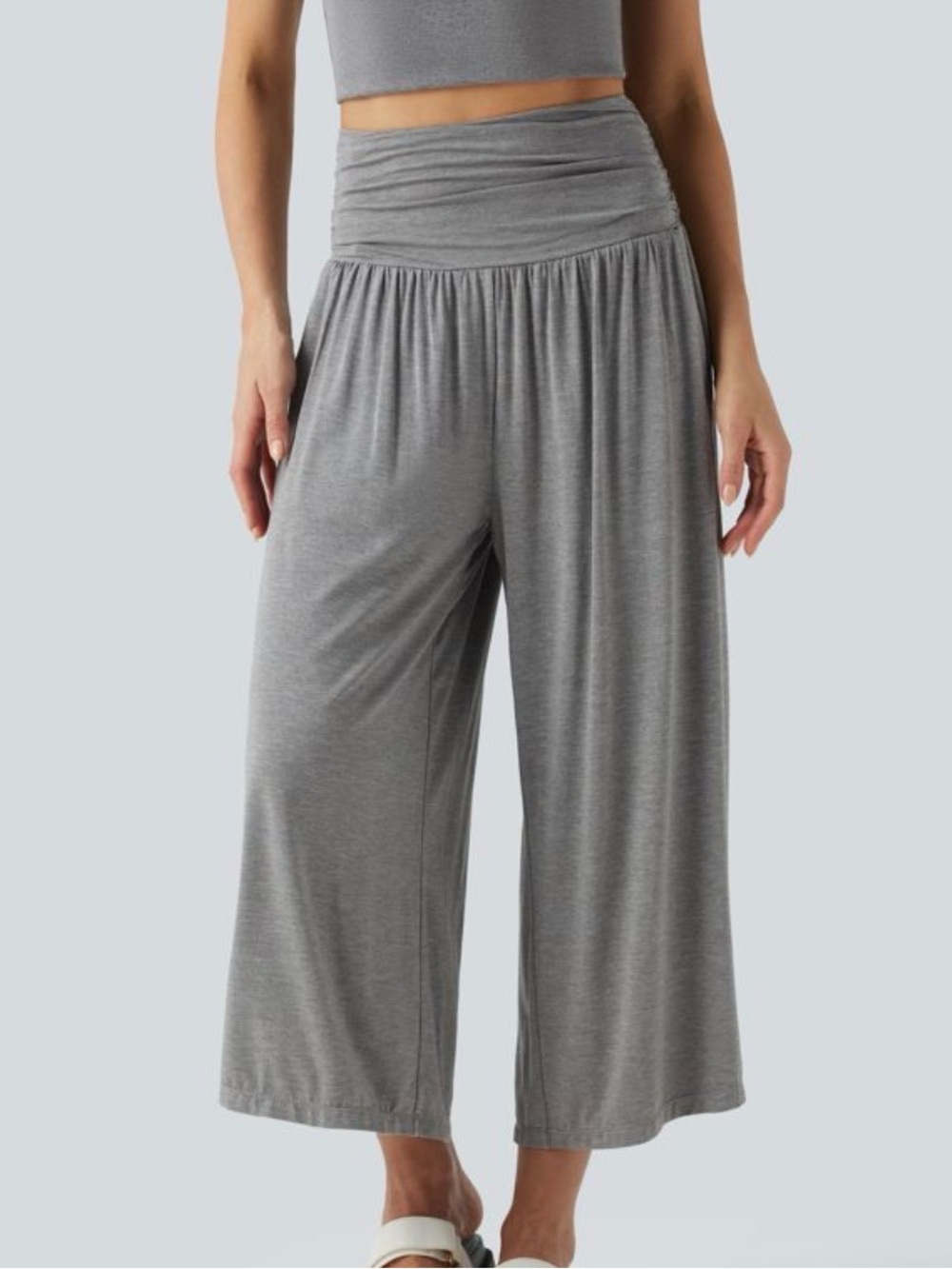Halara Gray High Waisted Ruched Wide Leg Cropped Casual Pants Pockets Medium